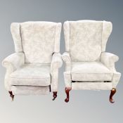 A pair of Parker Knoll Victorian style wing backed armchairs (both reclining)