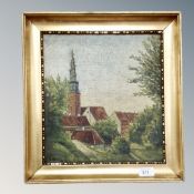 Continental School : Church with spire, oil on canvas,