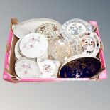 Two boxes of German dinner ware, Hammersley floral pattern dish, cut glass bowl,