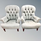 A pair of Victorian style armchairs in green buttoned leather