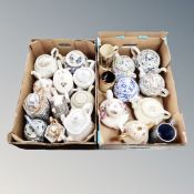 Two boxes of ceramics tea pots and tankards