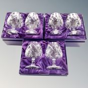 A set of six Edinburgh Crystal branding glasses in three boxes