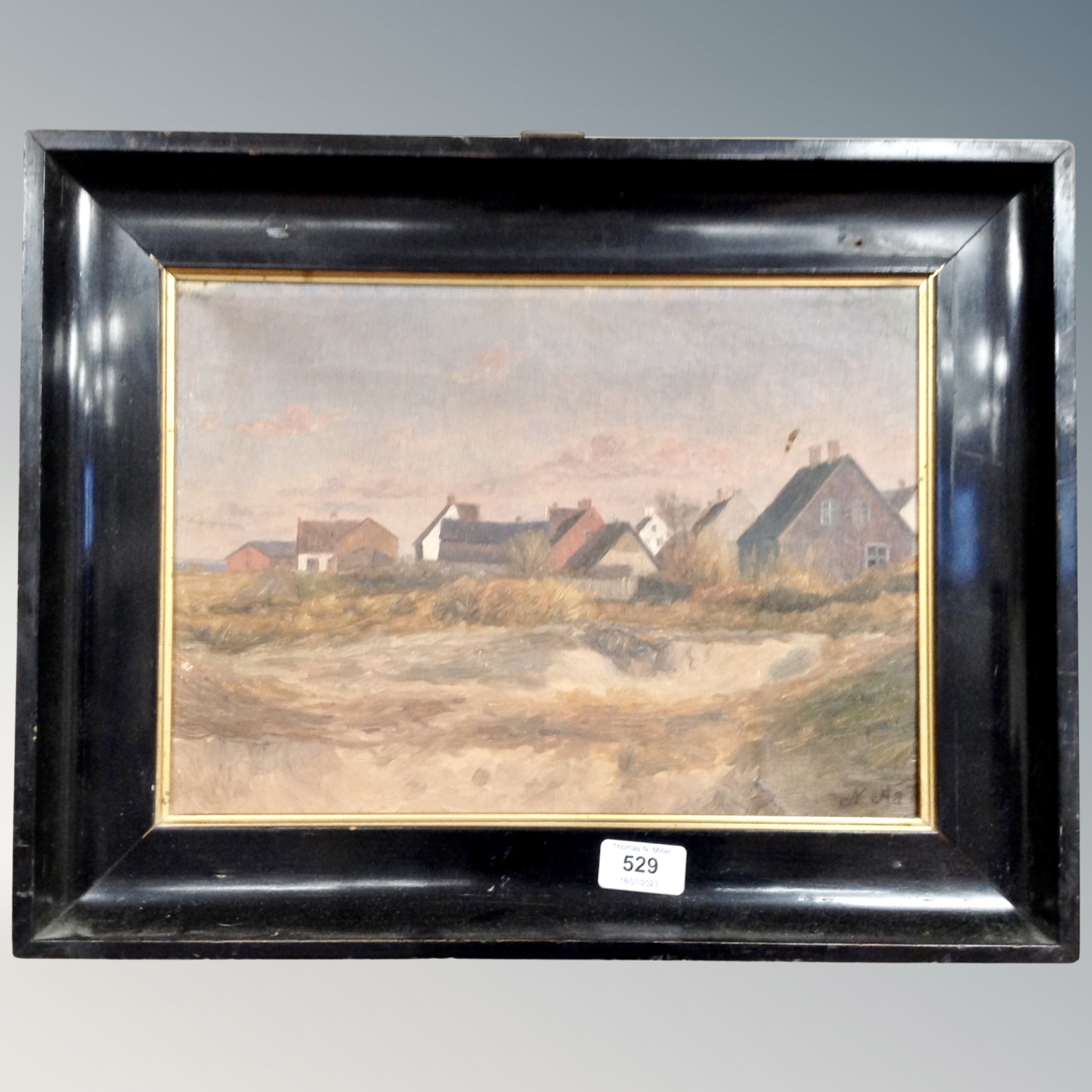 Continental School : Buildings on dunes, oil on canvas,