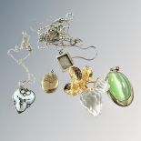 A collection of brooches,