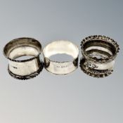 Three silver napkin rings CONDITION REPORT: 70.