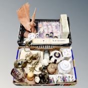 Two boxes of ceramics and glass ware, animal figures, brass three-way chandelier,