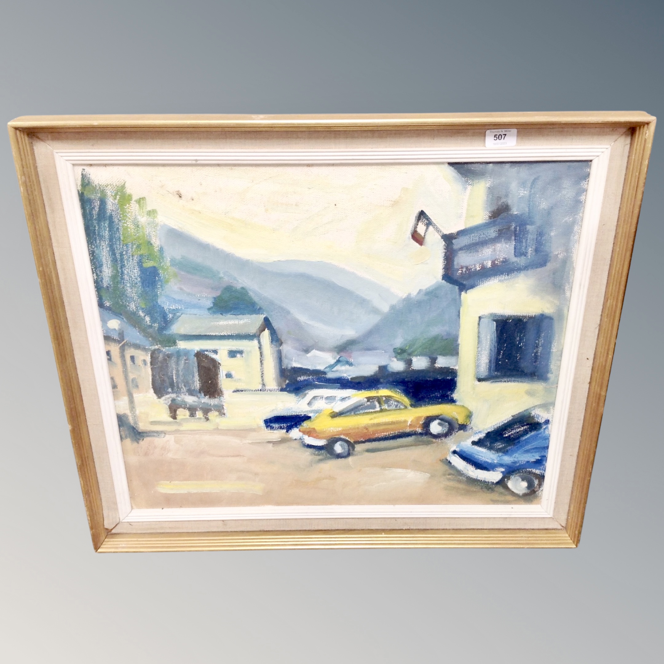 Continental School : Cars by buildings, oil on canvas,