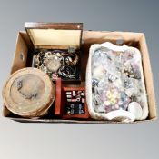 A box of antique and later jewellery boxes, costume jewellery,