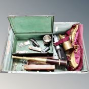 A box of telescopic nautical telescope, pocket knives, compasses, hunting knife, Freemasons apron,