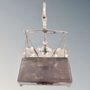 A silver plated lined cigarette table box together with a set of Mappin and Webb balance scales