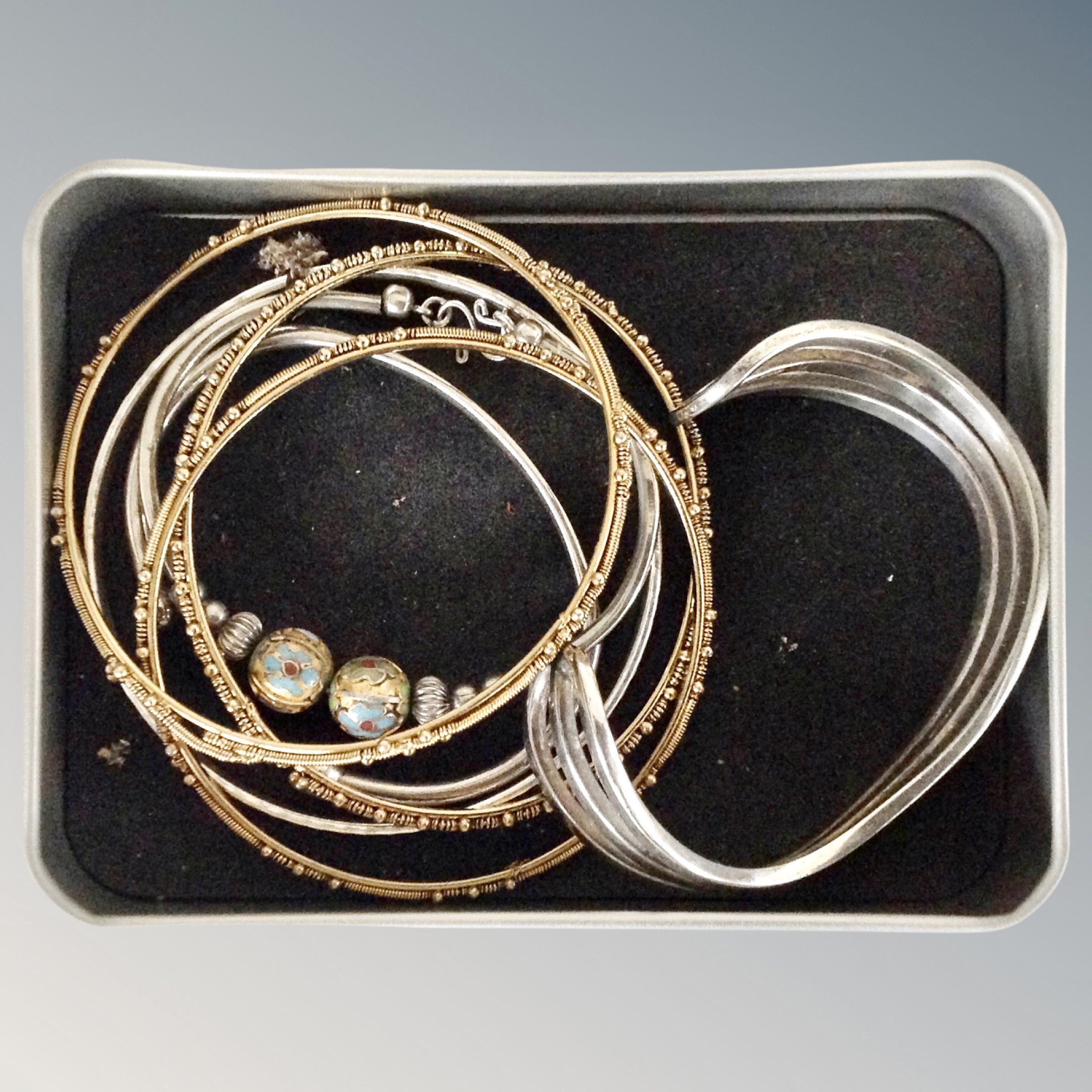 A silver triple bar torque type-bracelet, white metal bracelet with cloisonne beads,