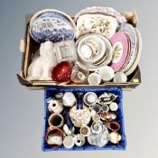 A box and basket containing antique and later china, Staffordshire dog, wall plates, tea ware,