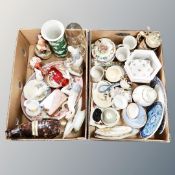 Two boxes of ceramics, Spanish figures, Japanese Kutani bottle vase,