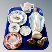 A tray of chalk and brass religious figures, assorted ceramics,