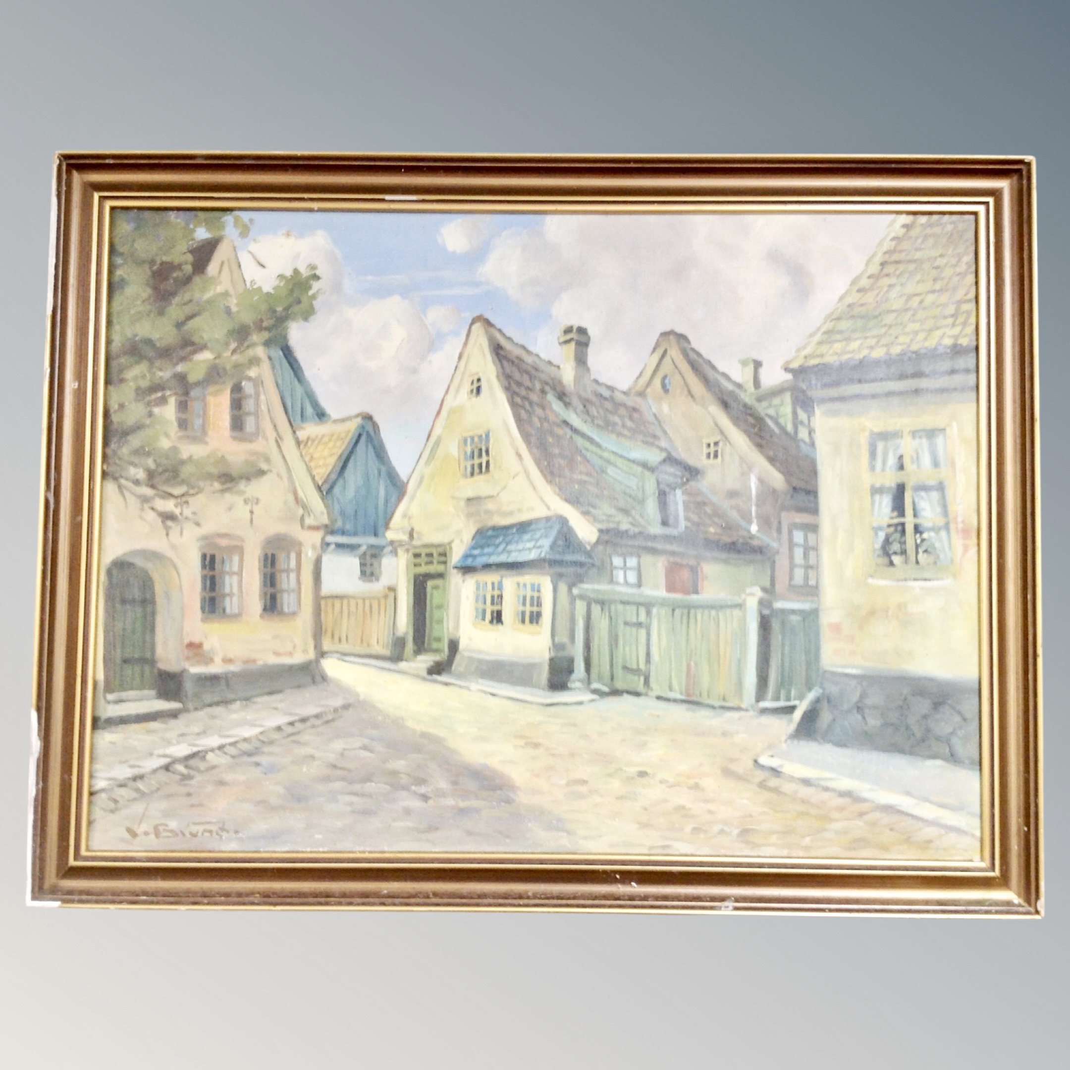 Continental School : Buildings in a cobbled street, oil on canvas,