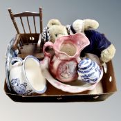 A box containing floral blue and white chamber pot, Ringtons tea jar, wash jug and basin,