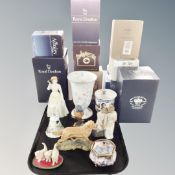 A tray of assorted ceramics and figurines, Royal Doulton Susana, Coalport commemorative goblet,