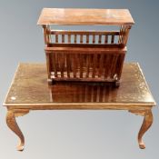 A Chinese hardwood brass inlaid coffee table with plate glass top and similar magazine rack