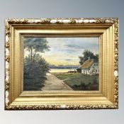 Continental school : oil on canvas, cottage by a lake,