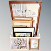 A crate of Peter Green watercolour studies and oil paintings, framed,