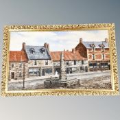 An oil on canvas of a Victorian street scene, dated '85, in gilt frame.