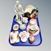 A tray of assorted ceramics, large Royal Doulton character jug Smuggler, Spanish figure,