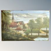 Continental school, oil on canvas : buildings by a lakeside,