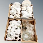 Four boxes of antique and later glass and ceramics, Shelley tea ware, ribbon plates,