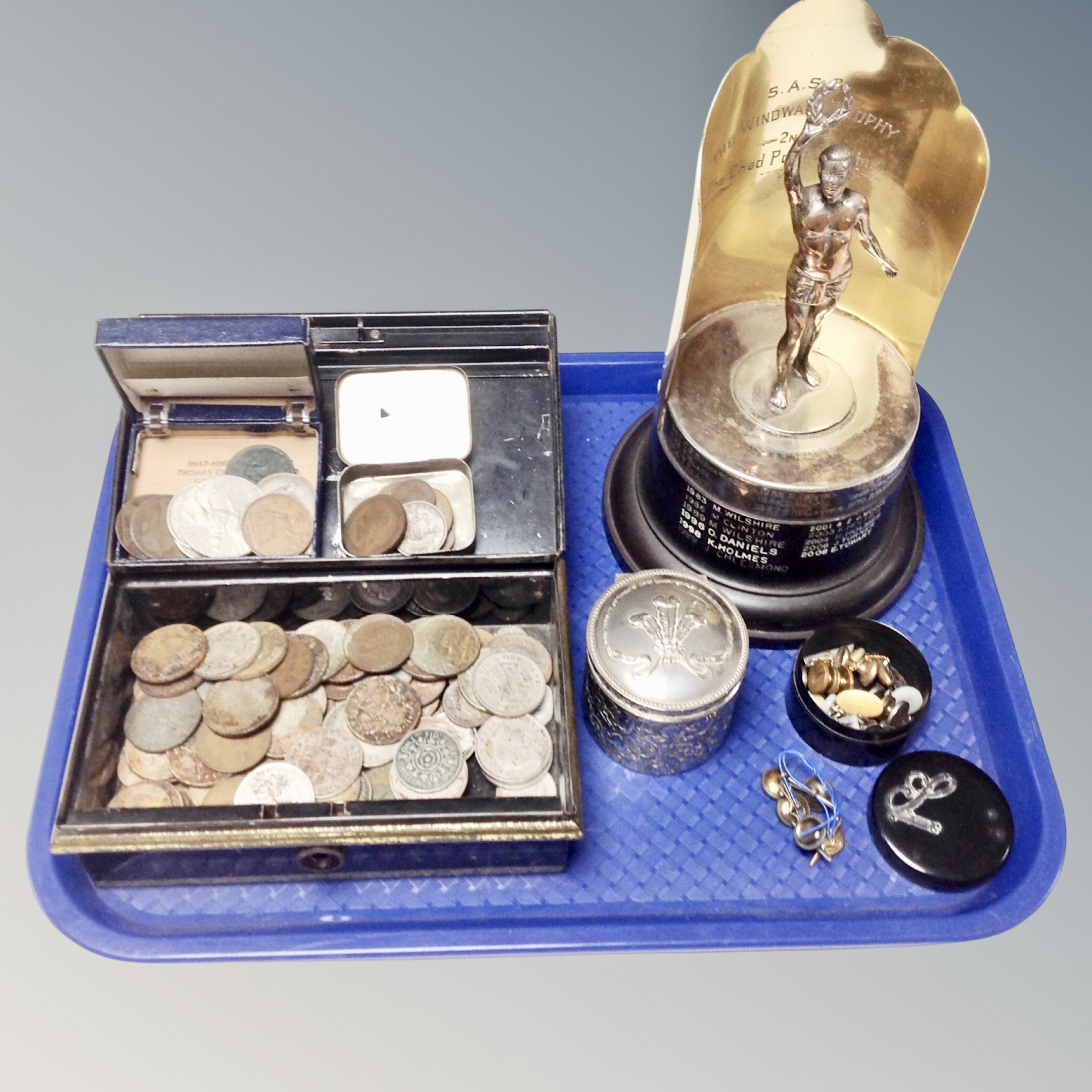 A tray of vintage metal cash box, 19th century coins and crowns,