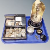 A tray of vintage metal cash box, 19th century coins and crowns,