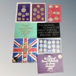 Eight British coin sets, coins of Great Britain and Northern Ireland 1970, 1971, 1975, 1980,