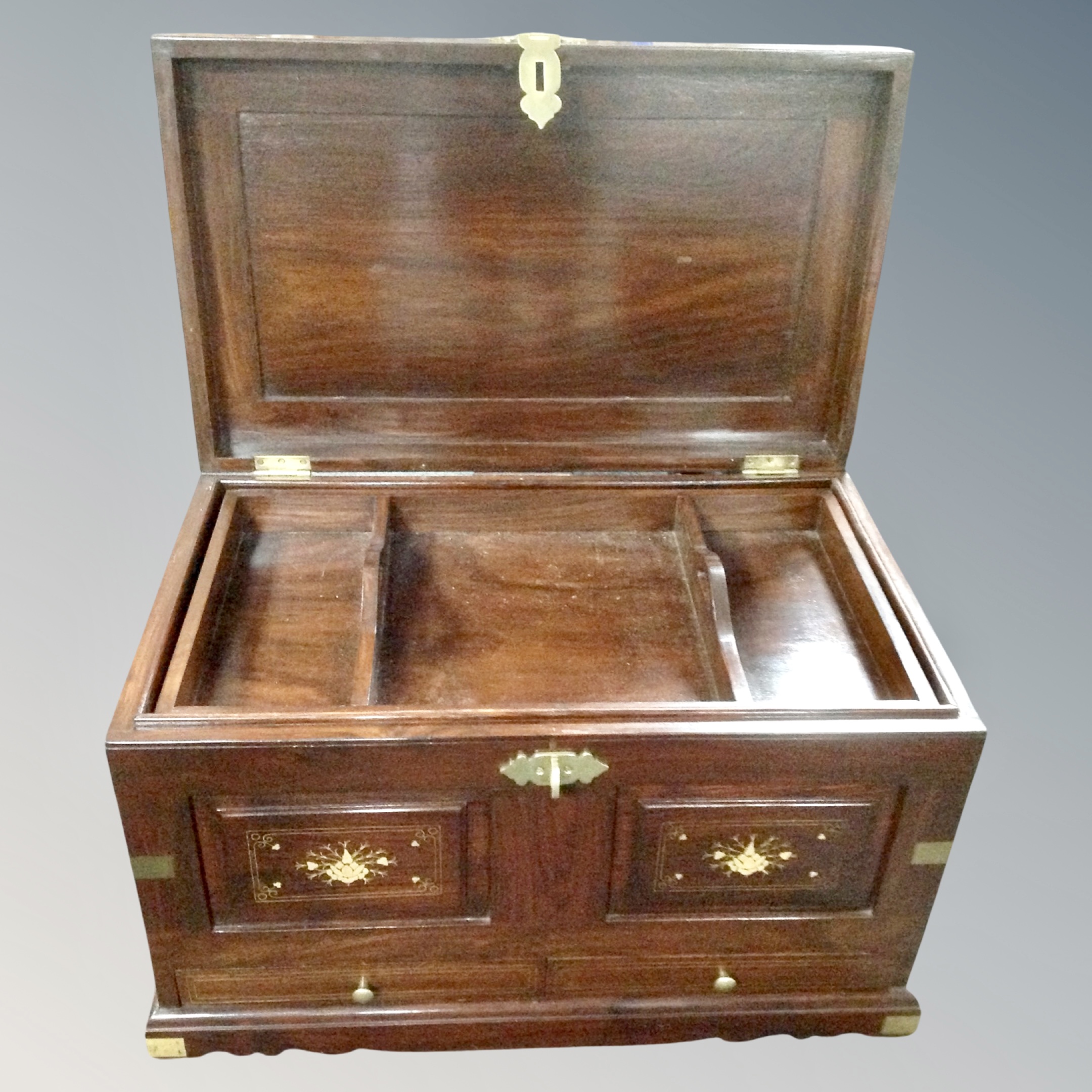 A Chinese hardwood brass inlaid campaign style chest fitted a drawer, - Image 2 of 2