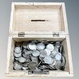 A wooden money box containing assorted 3d pieces, American coins etc,