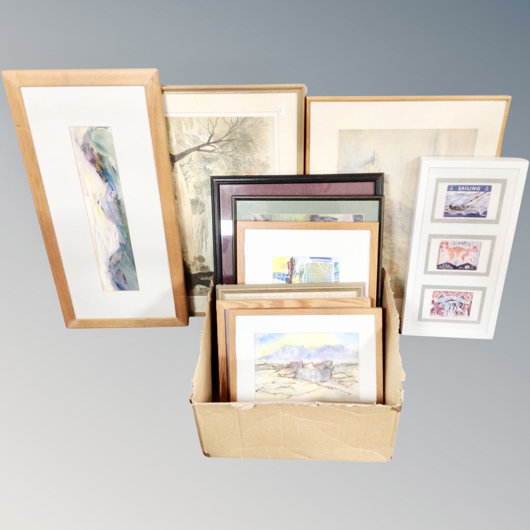 A box of assorted pictures and prints, postcard montages, Stina Falle watercolours,