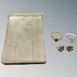 A silver plated note book, two dress rings and pair of cluster earrings,