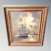 A G Solhorst oil on canvas of a tall ship being towed down a river, framed.