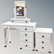 A painted pine single pedestal kneehole dressing table with mirror,