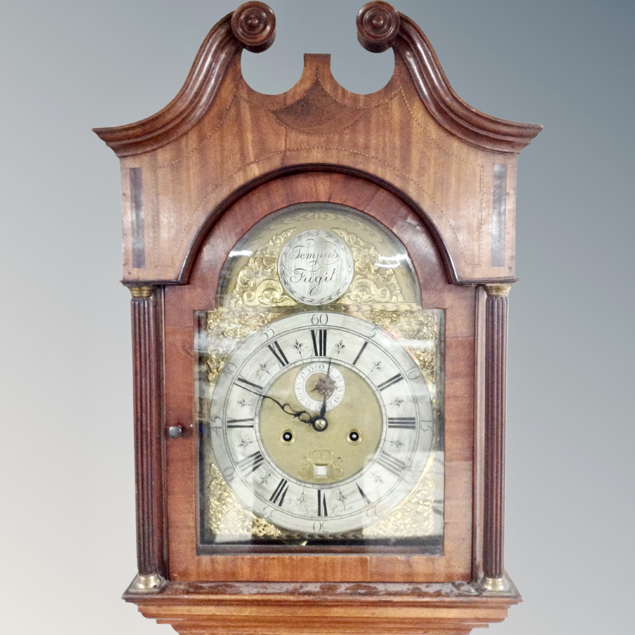 A 19th century mahogany eight day longcase clock with brass Tempus Fugit dial signed Rob Hodgkin, - Image 2 of 2