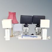 Two pairs of ceramic table lamps with shades together with two further lamps with shades,