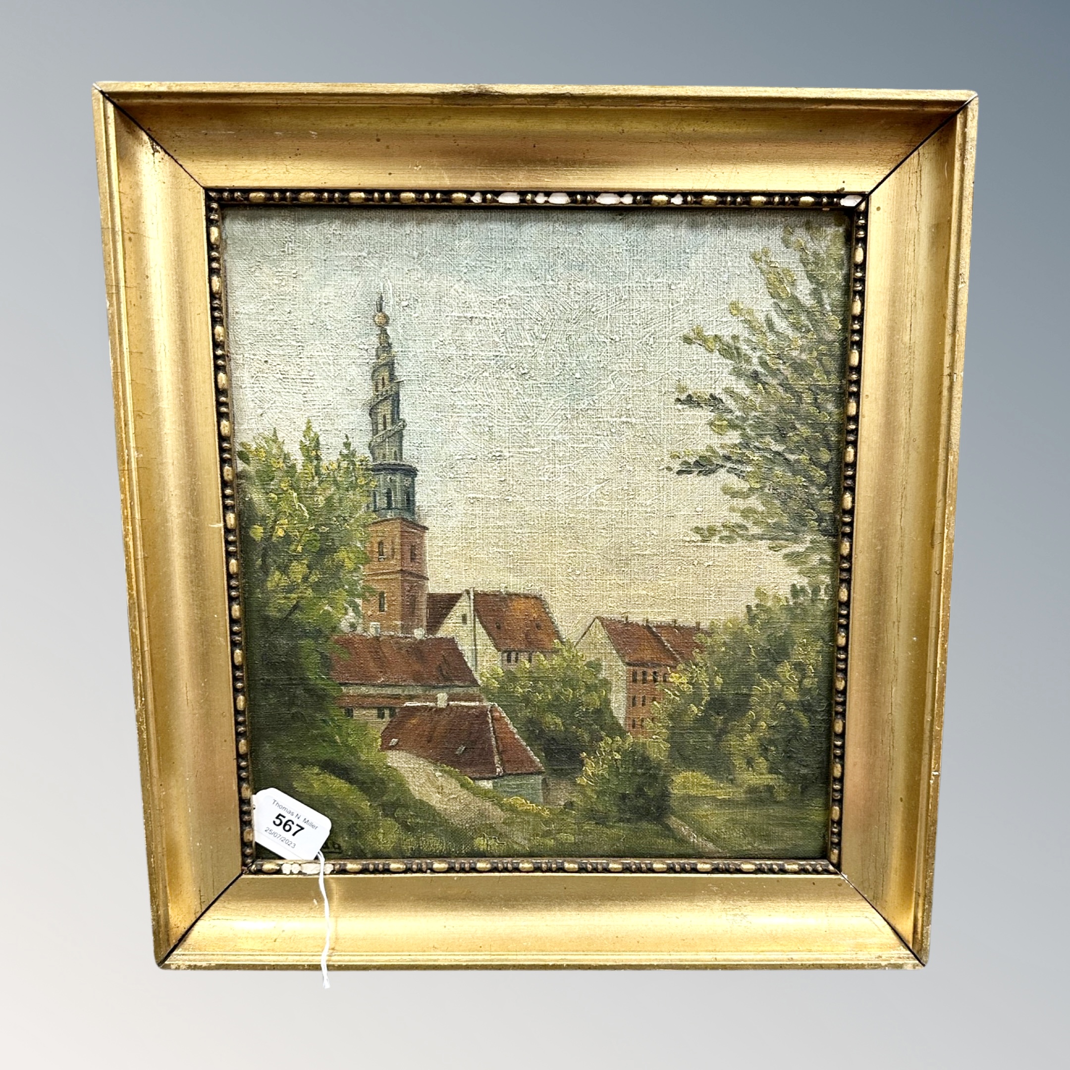 Continental school : oil on canvas, church with spire,