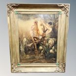 An oil painting on panel depicting a centaur and maiden in garden, ornately framed.