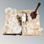 Two boxes of early 20th century and later glass ware, decanters, vases,