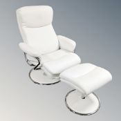 A pair of contemporary white faux leather chrome metal framed swivel relaxer chairs with footstools