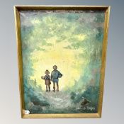 Continental school, oil on canvas : children at sunset,