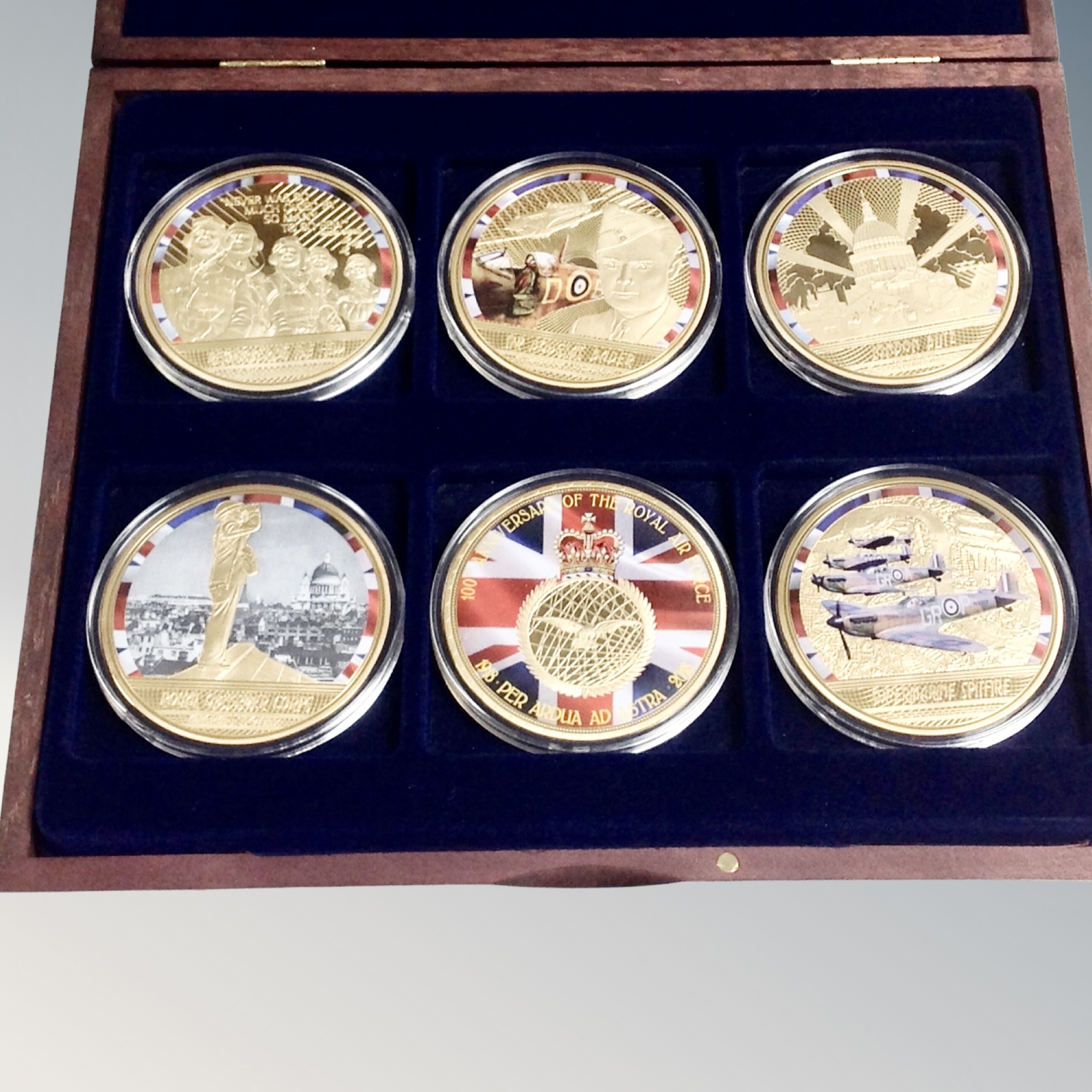 A set of six 24ct gold plated Battle of Britain commemorative coins in case