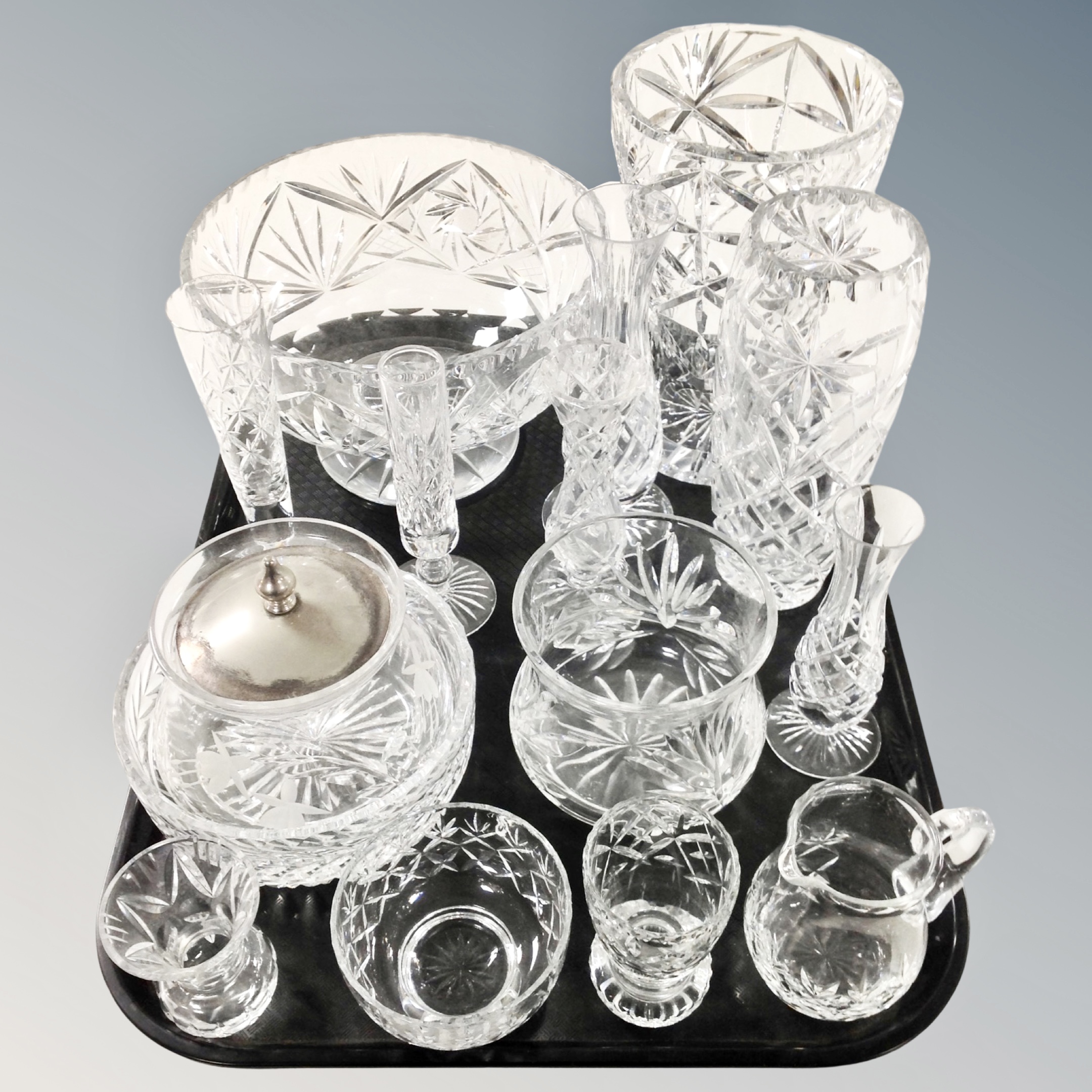 A tray of assorted glass ware, lead crystal bowls, bud vases,