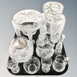 A tray of assorted glass ware, lead crystal bowls, bud vases,
