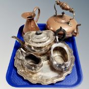 A three-piece plated tea service on scalloped tray together with an antique copper jug and kettle