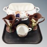 A tray of Coalport Hong Kong twin-handled tureen, Victorian oversized teacup ,