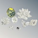 A collection of six miniature crystal animal ornaments, Swarovski,